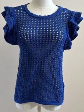 GAP Crochet Knit Sweater Top XS Blue Ruffle Sleeve Open Knit Boho NWT
